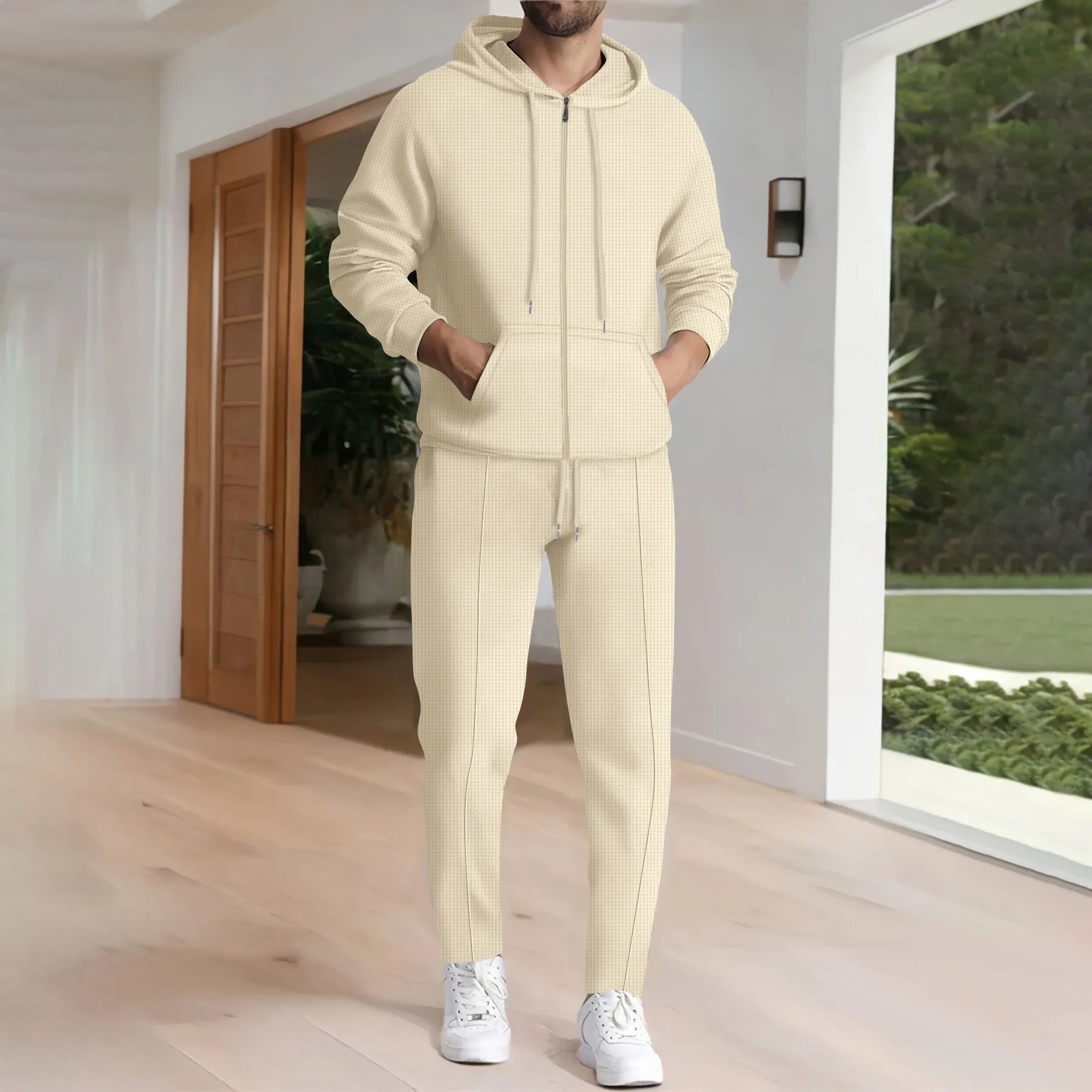 New spring and autumn men's sports casual solid color Waffle green hooded long sleeve hoodie coat two matching pantsuits