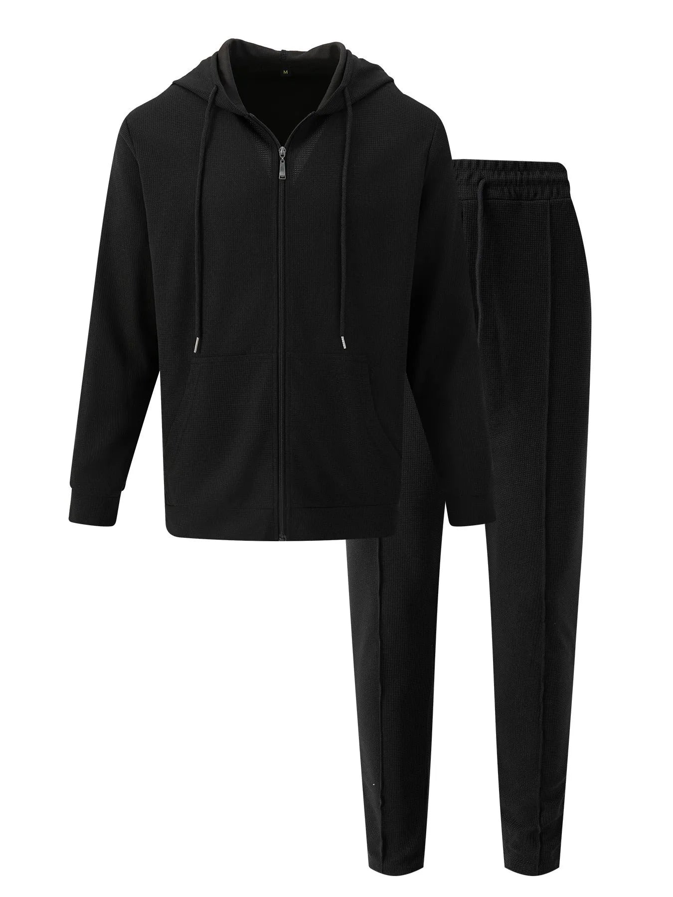 New spring and autumn men's sports casual solid color Waffle green hooded long sleeve hoodie coat two matching pantsuits