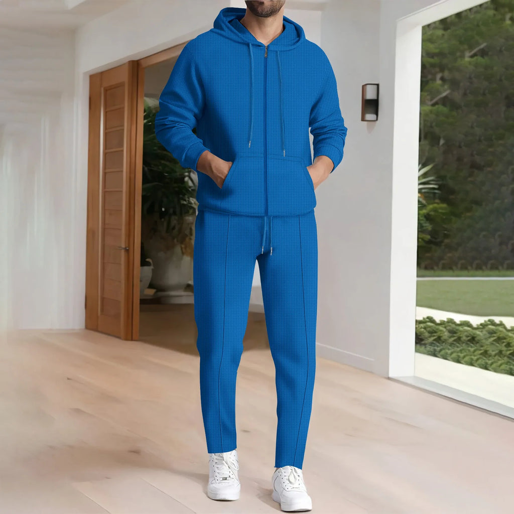 New spring and autumn men's sports casual solid color Waffle green hooded long sleeve hoodie coat two matching pantsuits